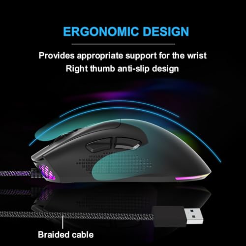FOXXRAY SM-91 RGB Gaming Mouse, 60g Ultra-Lightweight Wired Mouse, 7200 DPI, 7 Programmable Buttons, Anti-Slip Side Grips, 6ft (1.8m) Braided Cable, Ergonomic Gaming Mouse for Windows/PC/Laptop