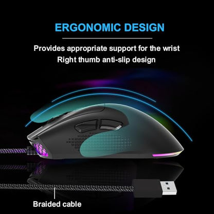 FOXXRAY SM-91 RGB Gaming Mouse, 60g Ultra-Lightweight Wired Mouse, 7200 DPI, 7 Programmable Buttons, Anti-Slip Side Grips, 6ft (1.8m) Braided Cable, Ergonomic Gaming Mouse for Windows/PC/Laptop