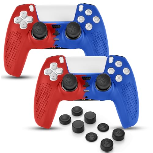 PS5 Controller Skin, Anti-Slip Soft Silicone Protective Cover Case for PlayStation 5 Controller Grip Accessories, 2 Pack with 8 x Thumb Grip Caps (Red Mix Blue) - color: Red Mix Blue