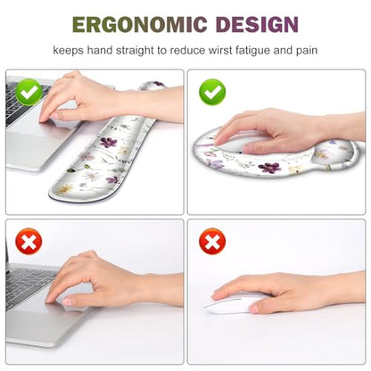 Gaming Mouse Pad, Large Desk Mat Cute Desk Pad Protector, 4in1 XXL Mousepad | + Keyboard Wrist Rest+Mouse Wrist Rest+Coaster Set with Ergonomic Desk Pad for Home Office Computer, Purple Flower Plants - color: Purple Flower Plants