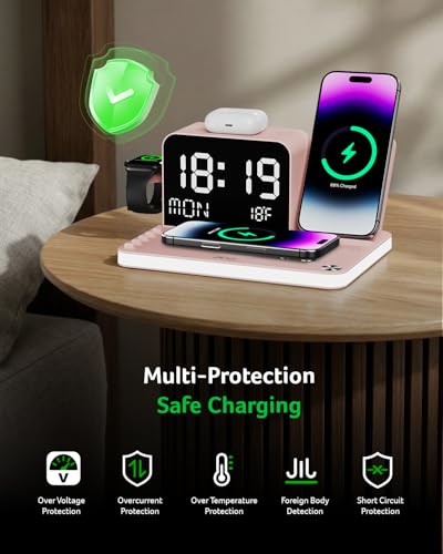 Acer 7-in-1 Wireless Charging Station with LED Clock - 30W Fast Wireless Charger for iPhone 16/15/14/13/12/Pro Max, Apple Watch, AirPods - Bluetooth Auto Time Sync & Night Lights (Pink) - color: Pink