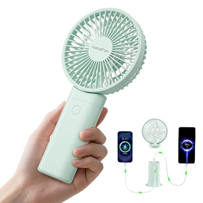 HandFan Upgraded 10,000 mAh Quiet Handheld Fan - 4.5 Inch Large Hand Held Fans Reahargeable, 180° Foldable Portable Fan [30 Working Hours] with Lanyard, Base for Disney/Travel/Concerts/Beach/Office - color: Clear‑Blade Sage Green