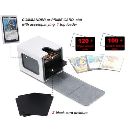 MTG Deck Box with Commander Display Window (White&Grey, 1 window) | Holds 120 Single/100 Double-Sleeved Cards, Fit MTG/PTCG/OPTCG Cards, Strong Magnet, PU Leather, With 2 Dividers & 1 Toploader - color: White and Grey