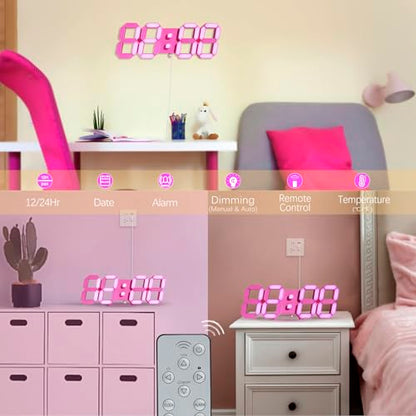 KOSUMOSU Pink LED Clock 3D Wall Clock 9.7" Table Clock for Living Room Modern Digital Clock for Bedroom Aesthetic Bedside Desk Clock with Remote/Dimming/12/24H/Temp/Alarm Clock/Date - color: 9.7in Pink Clock-pink Light