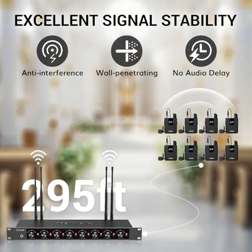 TONOR Wireless Microphones System with 8x12 Channels Headset/Lavalier Lapel Mics, Bodypack Transmitter, Receiver, 90 m/295ft UHF Range for Church Conference Performance Singing Karaoke PA Speaker - style: 8 Bodypack Mics