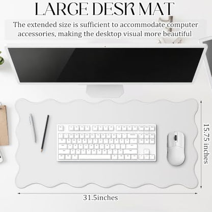 Hahafelt Scalloped Desk Mat Large Desk Pad Cute Coquette Table Mat Back to School Preppy Table Make up Pad Nonslip Graduation Gift with Stitching Waterproof Gaming(White,31.5 x 15.8 Inches) - color: White, size: 31.5 x 15.8 Inches