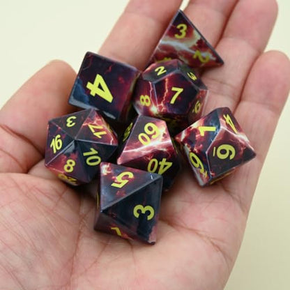 7-Piece Resin Dice Set with Lightning and Volcano Designs - Red and Black Printed Polyhedral Dice for Tabletop RPGs, Board Games, and Gaming Gifts(Lightning Volcano) - style: Lightning Volcano