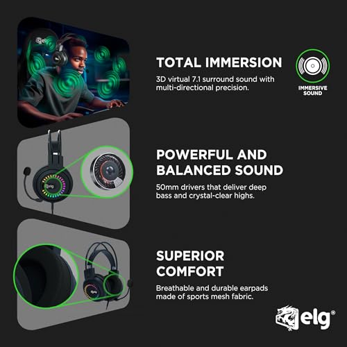 ELG Mizar USB Gaming Headset, PC/PS4/PS5, Virtual 7.1 Surround, 50mm Drivers, Omnidirectional Mic, Pop Filter, Braided Cable, RGB, Black