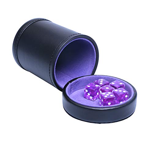 PU Leather Dice Cup with Lid, Purple Velvet Interior Quiet Dice Shaker Cup Including 6 Purple Translucent Dice for Liars Dice/ Farkle/ Yahtzee Games, 1 Pack - color: Purple