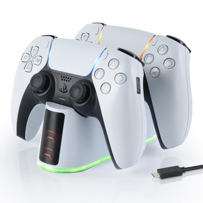 ELUTENG PS5 Controller Charger Dual Controller Charging Stand for PlayStation 5 with LED Indicator, Fast Charging Dock for DualSense Charging Station, PS5 Accessories Kits with USB Cable, White