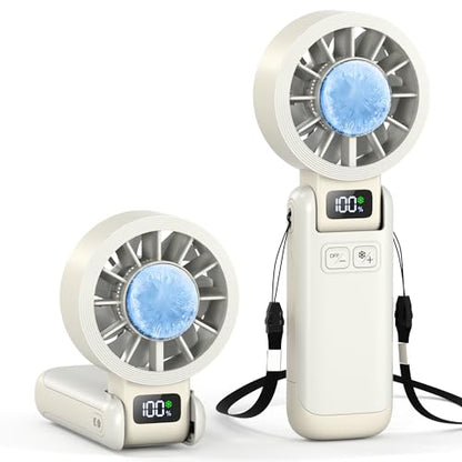 Portable Handheld Fan with Ice Cooling, 5.5m/s High Speed, Foldable Neck Fan, 5-Speed LED Display, 12H Battery, Independent Switch, Personal Fans for Travel, Concerts, Sports Events - White - color: White