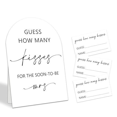 Guess How Many Kisses For The Soon-To-Be Mrs Game Set, 50 Guess Cards With 1 Standing Sign, Minimalism Bridal Shower Wedding Bachelorette Engagement Party Decor & Activity Supplies - A04 - color: White
