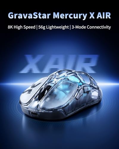GravaStar X AIR Wireless Gaming Mouse, Futuristic Skeleton Design, True 8K Performance, PAW3950 Sensor, RGB Lighting, 56g Lightweight, Tri-Mode Connectivity - color: Transparent black, style: 8K Polling Rate