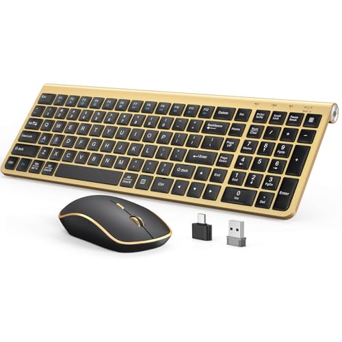 JOYACCESS Black Gold Wireless Keyboard Mouse Combo,Ergonomic Cordless Keyboard with Adjustable Tilt,Comfortable and Quiet Mouse for Laptop,Computer,PC - color: black gold
