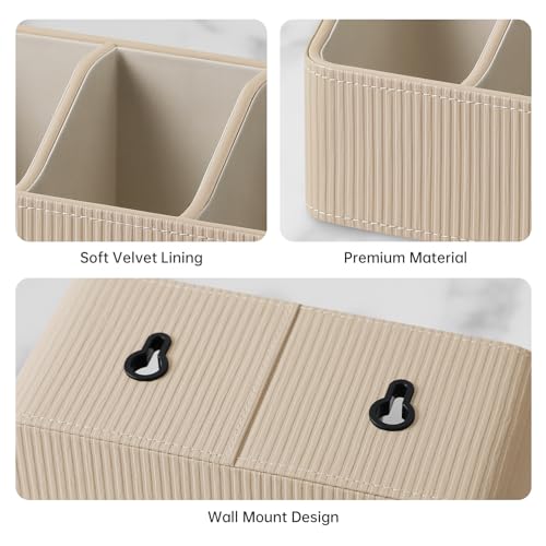 No Drill PU Leather Wall Remote Holder, 3 Compartments Storage Caddy for TV AC Remotes, Pens, Eyeglasses, Home Bedroom Bathroom Office (Stylish Beige Fine Ribbed) - color: Stylish Beige Fine Ribbed