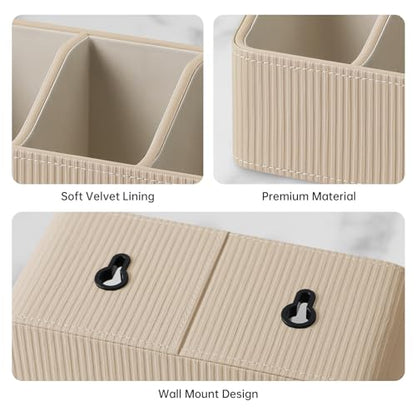 No Drill PU Leather Wall Remote Holder, 3 Compartments Storage Caddy for TV AC Remotes, Pens, Eyeglasses, Home Bedroom Bathroom Office (Stylish Beige Fine Ribbed) - color: Stylish Beige Fine Ribbed