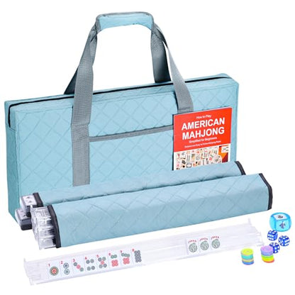 American Mahjong Tile Set Complete, 166 White Tiles with Accessories, 4 Mahjong Racks with Pushers, Mahjong Set with Blue Carrying Bag for Beginners (Ma Jong, Mah-Jongg) - color: Blue