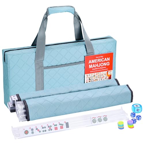 American Mahjong Tile Set Complete, 166 White Tiles with Accessories, 4 Mahjong Racks with Pushers, Mahjong Set with Blue Carrying Bag for Beginners (Ma Jong, Mah-Jongg) - color: Blue