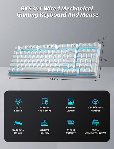 Mechanical Gaming Keyboard and Mouse, 98 Keys LED Backlit Keyboard with Floating Keycap, Ergonomic RGB Gaming Mouse with Mouse Pad Combo, Full Anti-Ghost Wired Keyboard for PC Laptop Gamer, White - color: White-