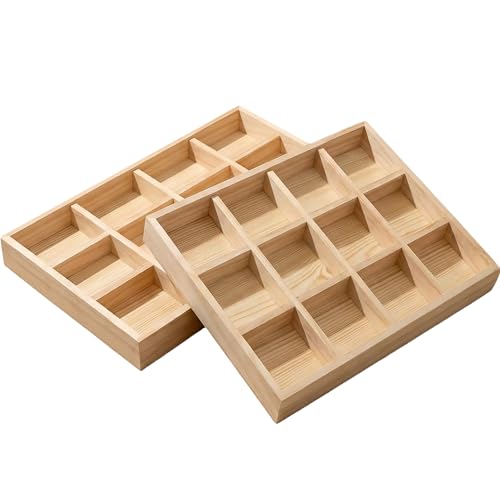 2 Pack Wooden Display Organizer Sorting Craft Tray Grid Display Divided Organizer for Bead Puzzle Card Crayons Sticker Trinket Organizing