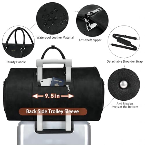 Garment Bag for Travel Convertible Carry on Travel Duffel Bag for Men Women | 3PCS Large Weekender Bag with Waterproof Shoes Pouch 2 in 1 Hanging Clothes Suit Dress Bag Travel Garment Duffel Bag 56L - color: A3-Black-Faux Leather