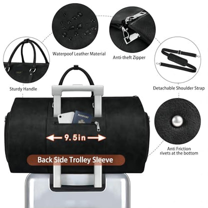 Garment Bag for Travel Convertible Carry on Travel Duffel Bag for Men Women | 3PCS Large Weekender Bag with Waterproof Shoes Pouch 2 in 1 Hanging Clothes Suit Dress Bag Travel Garment Duffel Bag 56L - color: A3-Black-Faux Leather
