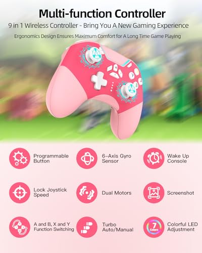 Hall Effect iPhone Controller with Phone Clip, Wireless Bluetooth Game Controller for Android/iPhone/Apple Arcade MFi Games/PC/Switch with Macro/Lock Joystick Speed/6-Axis/Motors/Turbo/ABXY FUN Switch - color: Pink
