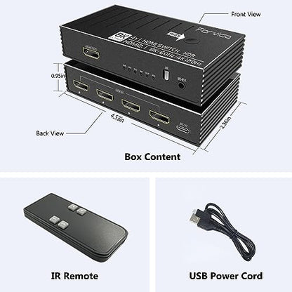 HDMI Switch 4 in 1 Out 8K 120Hz 4K HDMI 2.1 Switcher/Splitter 4 in 1 Out with Remote, 4 Port Hub for Gaming PS5 Xbox TV Monitor - Ultra HD HDR 1080P 3D