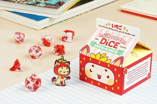 1985 Games Strawberry Kawaii Cat Dice Set – Milk Carton-Inspired Dice for DND | TTRPGs & Tabletop Roleplaying - color: Strawberry