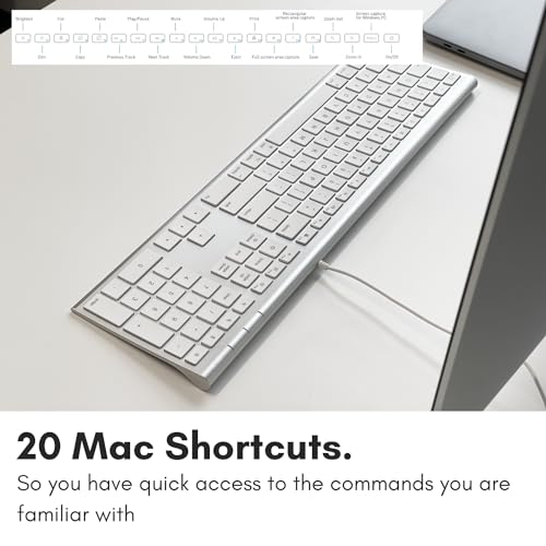 Macally Ultra Slim USB Wired Computer Keyboard - Compatible Apple Keyboard or Windows - Full Size with 20 Mac Keyboard Keys -with Numeric Keypad - Silver Aluminum Finish - color: Silver