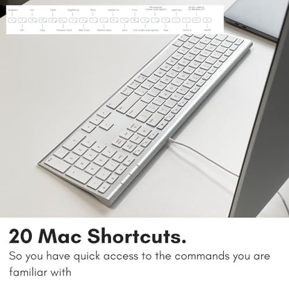 Macally Ultra Slim USB Wired Computer Keyboard - Compatible Apple Keyboard or Windows - Full Size with 20 Mac Keyboard Keys -with Numeric Keypad - Silver Aluminum Finish - color: Silver