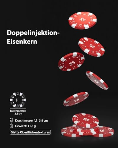 HEITOK Poker Chips 1000 Chips Set with Denominations, 11.5g Weighted Numbered Casino Chips Set, 2 Decks with Compact Aluminum Case for Texas Hold'em, Blackjack Chips | 2-20 players, numbered values 1/5/25/100/500, aluminum case, cards, dice, dealer/small/