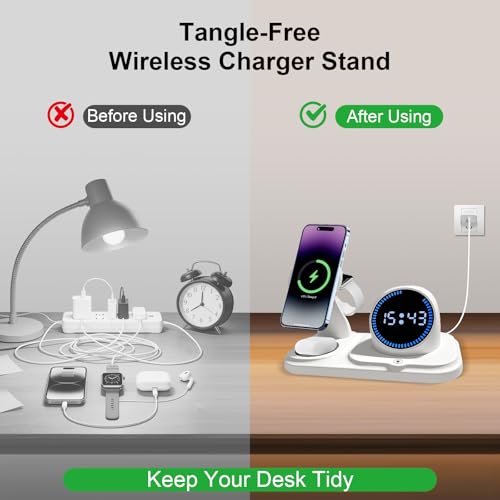 6-in-1 Wireless Charging Station with Bluetooth Speaker,Digital Clock and Ambient Lights,Fast Wireless Charger for Multiple Devices for Apple - iPhone 17 16 15 14 13 12 Pro Max Apple Watch Airpods