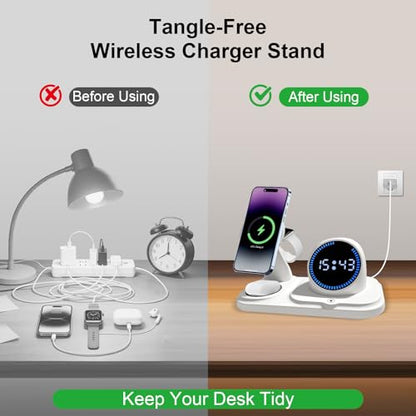 6-in-1 Wireless Charging Station with Bluetooth Speaker,Digital Clock and Ambient Lights,Fast Wireless Charger for Multiple Devices for Apple - iPhone 17 16 15 14 13 12 Pro Max Apple Watch Airpods