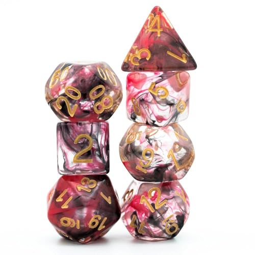UDIXI Resin DND Dice Set 7PCS Polyhedral D&D Dice for Role Playing Games | Red Black Colors, Dreamy Effect, Velvet Dice Bag Packaging, for Dungeons and Dragons Role Playing Games and Tabletop Games - color: S-red and Black