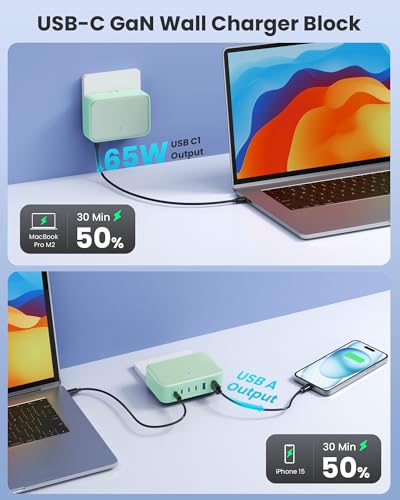 USB C Charger 200W USB C Charging Block,6 Ports GaN IV Foldable Wall Charger,QC4.0 Fast Charging Station Hub,PD 65W Laptop Charger for MacBook Pro/Air,Dell,iPhone 16/15,iPad,Galaxy,Steam Deck (Green)
