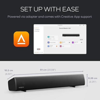Creative Sound Blaster GS5 RGB Gaming Soundbar with SuperWide Technology, Powered via Adapter, Up to 60W Peak Power, Bluetooth 5.4, Optical-in, Headphone Output Port, for PC and TV