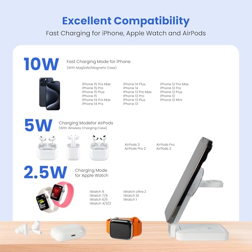 3-in-1 Wireless Charging Station for Apple Devices – Magnetic Foldable Fast Charger for iPhone, Apple Watch & AirPods with Stand – Travel-Friendly Multiple Device Charging Dock