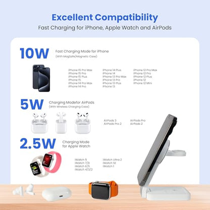 3-in-1 Wireless Charging Station for Apple Devices – Magnetic Foldable Fast Charger for iPhone, Apple Watch & AirPods with Stand – Travel-Friendly Multiple Device Charging Dock
