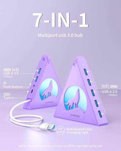 USB 3.0 Hub 7 Port, Vertical USB Splitter with RGB Lighting, 5Gbps High-Speed Data Transfer, 2FT Extension Cable, Tower USB Hub for PC, Laptop, MacBook, PS5, Xbox, Flash Drive, Printer (Light Purple) - color: Light purple