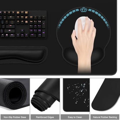 Dapesuom Large Gaming Mouse Pad, Black Mouse Pads with Wrist Rest Wrist Support, 4in1 Big XXL Desk Mat Desk Pad + Ergonomic Mousepad + Memory Foam Keyboard Mat Wrist Rest + Coaster Set for Computer - color: Jet Black