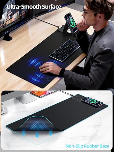 Mouse Pad with Magnetic Wireless Charging & Adjustable Phone Stand | 27.5"x11.8" Computer Keyboard Pad Mat with Anti-Slip Base & Stitched Edge, Easy Gliding, Spill-Resistant Surface, Black - color: Black-Magnetic Stand-27.5"x11.8"-Right