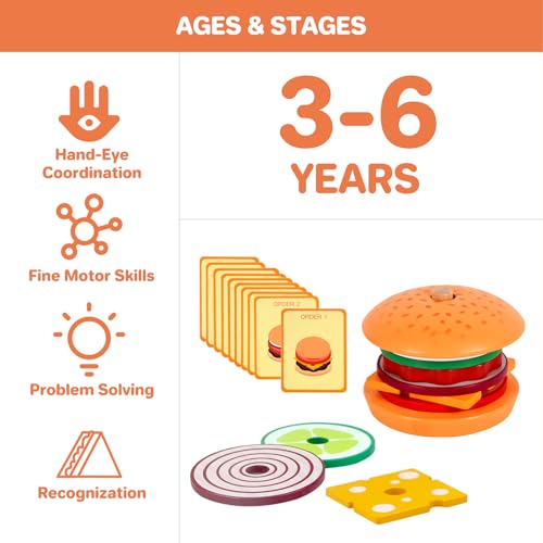 Wooden Burger Stacking Toys Montessori Toys For Toddlers Preschool Education Activity Board Game Early-Education Matching Speed Race Pretend Toy Food Back To School (Burger) - color: Burger