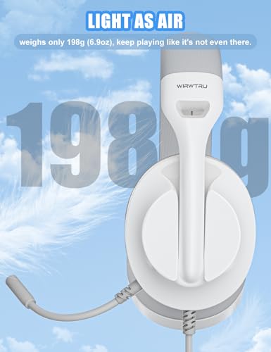 WIRWTRU S30 Gaming Headset with Microphone,198g Lightweight Design, Gaming Headphones for Xbox, Xbox Series X|S, PS5, PS4,Switch, PC, Noise Cancelling Mic, Soft Earmuffs,3.5MM Wired (White)