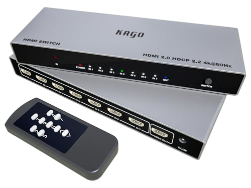 KAGO 7-Port HDMI Switch 4K@60Hz, 7 in 1 Out HDMI Switcher with Remote Control, Supports HDCP 2.2, HDR10, 3D & 18Gbps, Aluminum HDMI Hub Selector for PS5/4, Xbox, Roku, Apple TV, PC - size: 7 ports