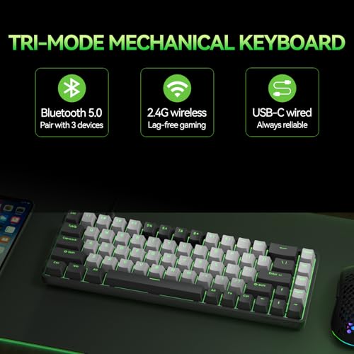 TMKB T68 60% Wireless Mechanical Gaming Keyboard, Tri-Mode BT5.0/2.4GHz/USB-C with Red Linear Switch, RGB Backlight, Anti-Ghosting, Compact 68 Keys, Wired/Wireless, Black/Gray - color: Black Grey/Red Switch, size: Wireless