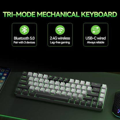 TMKB T68 60% Wireless Mechanical Gaming Keyboard, Tri-Mode BT5.0/2.4GHz/USB-C with Red Linear Switch, RGB Backlight, Anti-Ghosting, Compact 68 Keys, Wired/Wireless, Black/Gray - color: Black Grey/Red Switch, size: Wireless