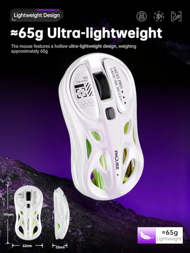 FMOUSE Wireless Mouse Tri-Mode 2.4G & Dual Bluetooth & Wired, Hollow RGB, 65g, 4800 DPI, USB-C Rechargeable, Gaming & Office, for Mac Laptop iPad PC – White - color: White