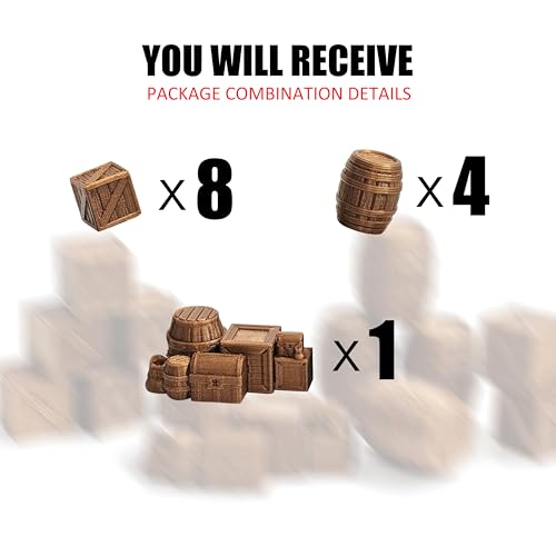 28mm 1:32 Scale Tabletop Terrain Set - 3D Printed Brown Wooden Scatter Props with Crates, Barrels, Treasure Chest & Kegs for Wargaming, RPG Diorama, Tavern & Dock Scenes (Brown)