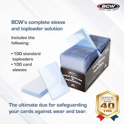 BCW Card Sleeves and Toploaders Combo Pack | 100 Toploaders & 100 Penny Sleeves - Protect, Store & Display Trading Cards | Acid-Free Card Protectors | Compatible with Sports Cards & TCG Cards - color: 100 Count